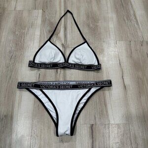 womens victoria secret Swimsuit White Black Bikini Set Size Small Logo